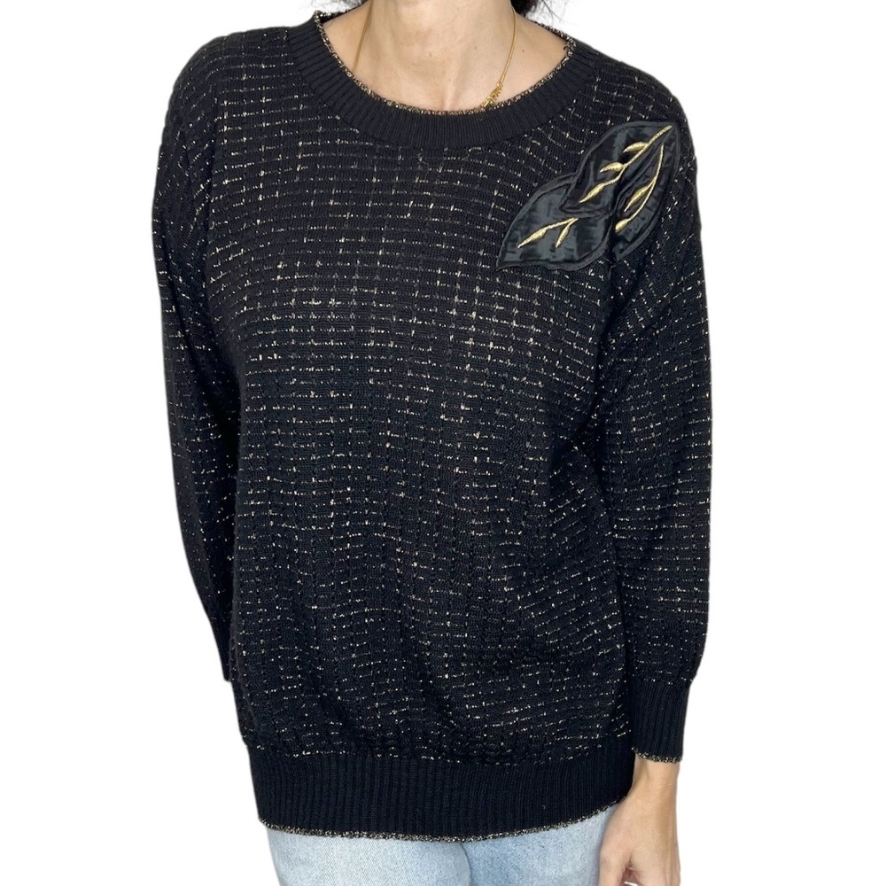 Vintage black shimmery metallic gold embroidered satin leaf applique sweater